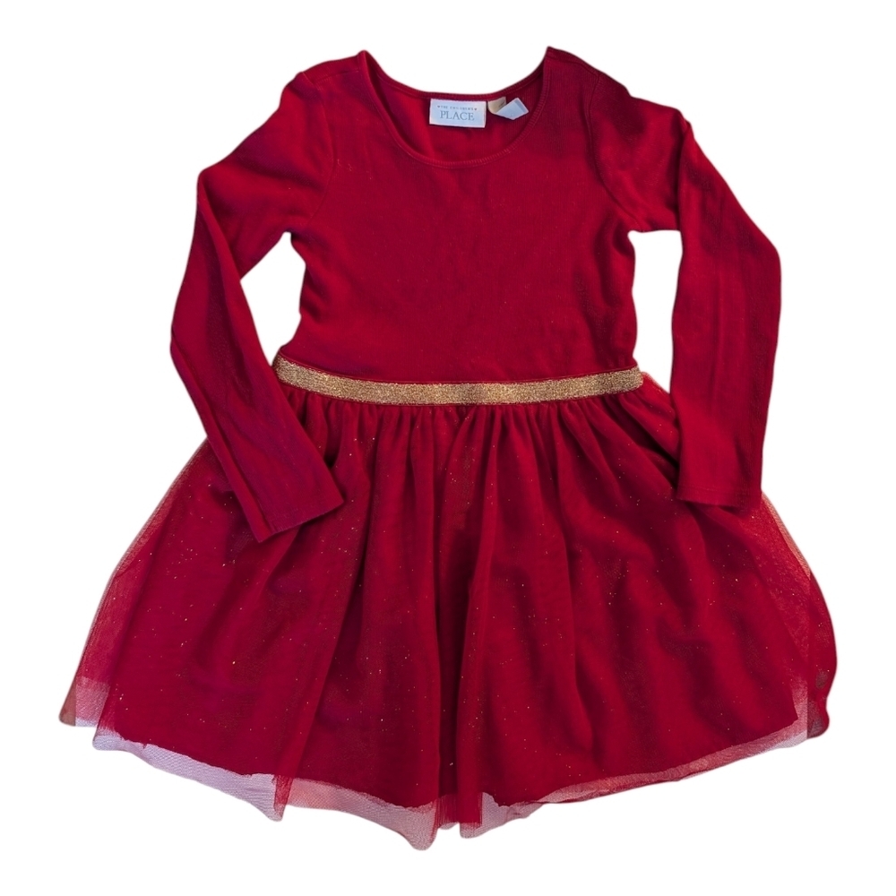 The Children's Place Red Long Sleeve Tulle Waist Dress with Gold Belt Size 5T